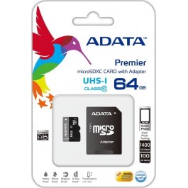 ADATA 64 GB microSDXC UHS-I + SD adapter Premier AUSDX64GUICL10-RA1