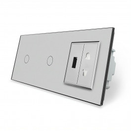 Livolo Сенсорный выключатель 2 сенсора (1-1) USB+розетка серый стекло (VL-C701/C701/C1A1USB-15)