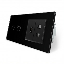 Livolo Сенсорный выключатель 2 сенсора 1 USB 1 розетка черный стекло (VL-C702/C7USBC1A-12)