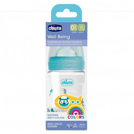 Chicco Бутылочка пластик Well-Being Physio Colors, 150 мл, соска силикон, 0м+, голубой (28611.20)