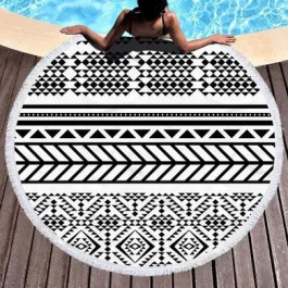 Homytex Пляжний рушник з бахрамою круглий  150*150 Орнамент, Чорно-білий (8-79023)