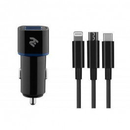 2E Dual USB Car Charger 2.4A + Cable 3in1 Black (2E-ACR01-C3IN1)