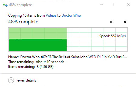 Скрін з швидкістю запису паку відеофайлів на диск в описаному стані. 