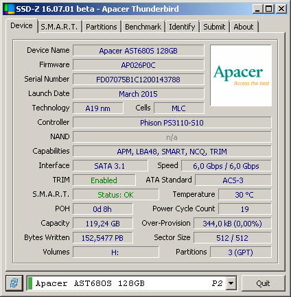 Фото SSD накопичувач Apacer Thunderbird AST680S AP128GAST680S-1 від користувача Prescott