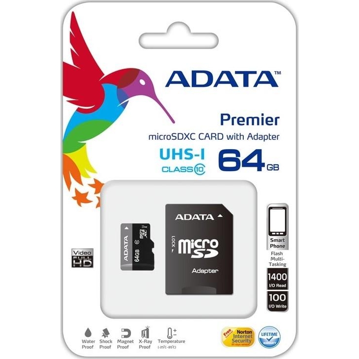ADATA 64 GB microSDXC UHS-I + SD adapter Premier AUSDX64GUICL10-RA1 - зображення 1