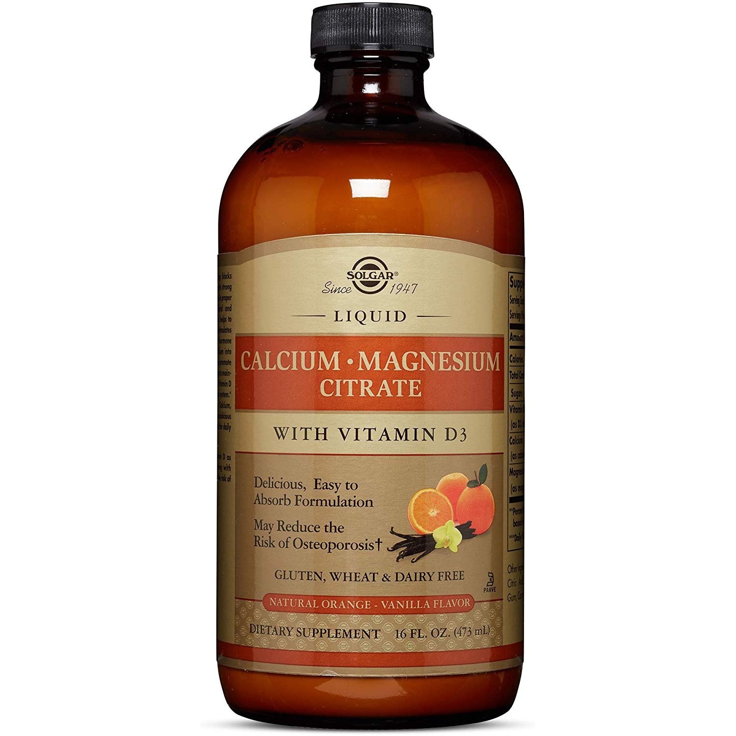 Solgar Liquid Calcium Magnesium Citrate with Vitamin D3 473 ml /32 servings/ Natural Orange Vanilla - зображення 1