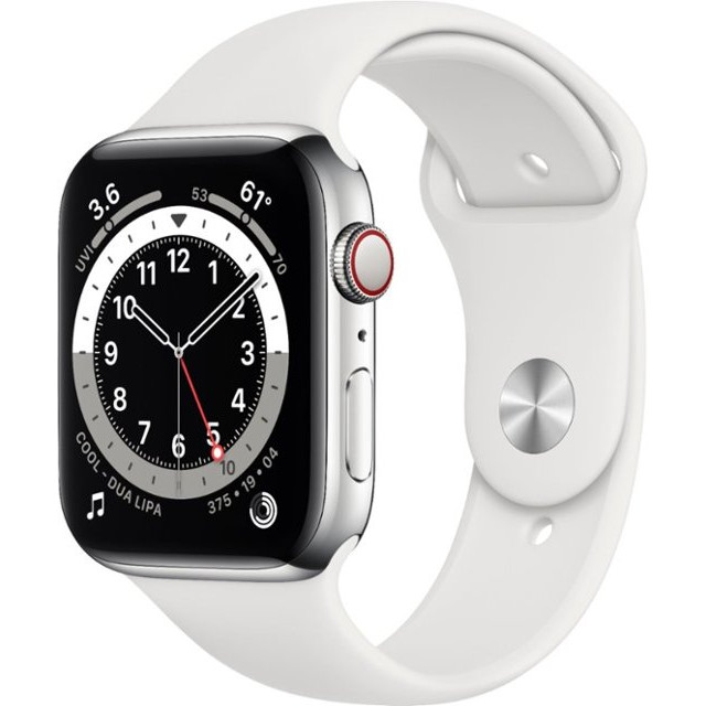 Apple Watch Series 6 GPS + Cellular 44mm Silver Stainless Steel Case w. White Sport B. (M07L3) - зображення 1