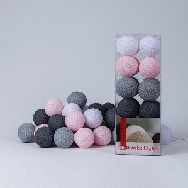 Cotton Ball Lights Гирлянда на 20 шаров 3,8м, Pink-Grey