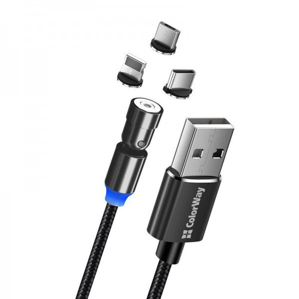 ColorWay USB-Lightning/microUSB/USB-C Magnetic Rotation 540 1m Black (CW-CBUU037-BK) - зображення 1