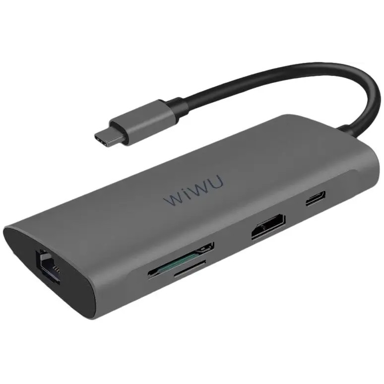 WIWU Adapter Alpha 831HRT USB-C to 3xUSB3.0+HDMI+RJ45+USB-C+SD+TF Card Grey - зображення 1