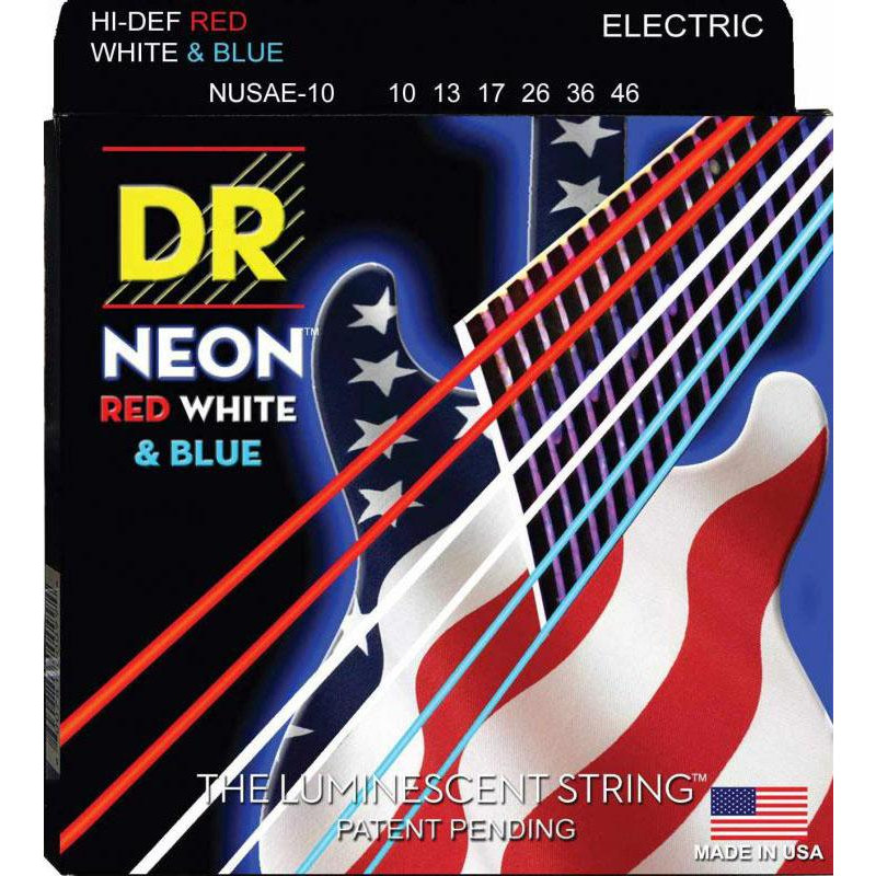 DR NUSAE-10 Hi-Def Neon Red White & Blue K3 Coated Medium Electric Guitar Strings 10/46 - зображення 1