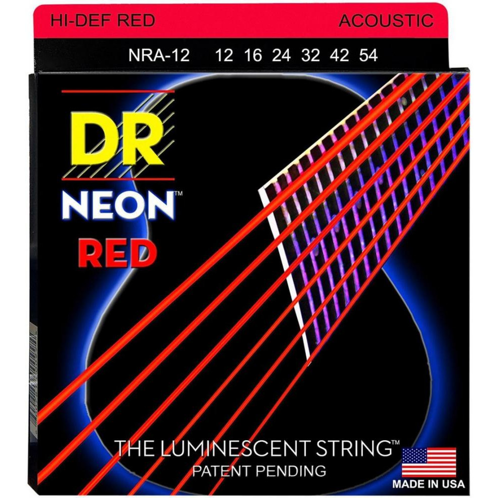 DR Струны для акустической гитары  NRA-12 Hi-Def Neon Red K3 Coated Medium Acoustic Guitar Strings 12/5 - зображення 1