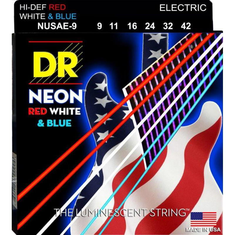 DR NUSAE-9 Hi-Def Neon Red White & Blue K3 Coated Light Electric Guitar Strings 9/42 - зображення 1