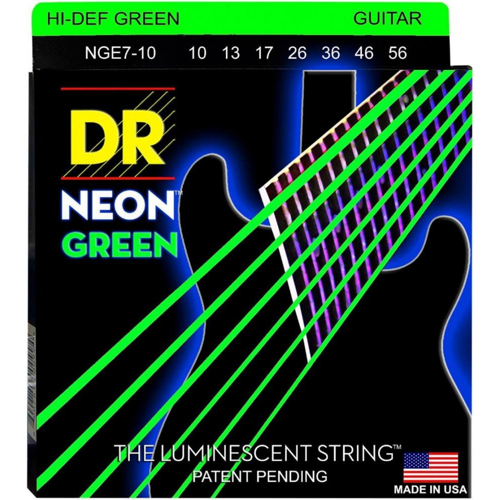 DR Струны для электрогитары  NGE7-10 Hi-Def Neon Green K3 Coated Medium 7-String Electric Guitar 10/56 - зображення 1