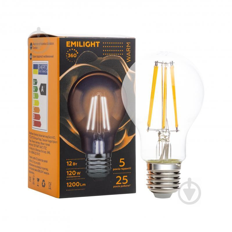 Emilight LED FIL CL A60 12 Вт E27 3000 К 220 В прозрачная (6983850558720) - зображення 1