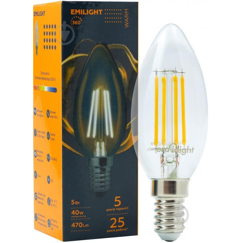 Emilight LED Filament C35-5W-3000K-E14- - зображення 1