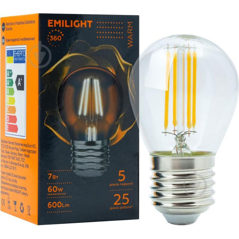 Emilight LED FIL G45 7 Вт E27 3000 К 220 В прозрачная - зображення 1