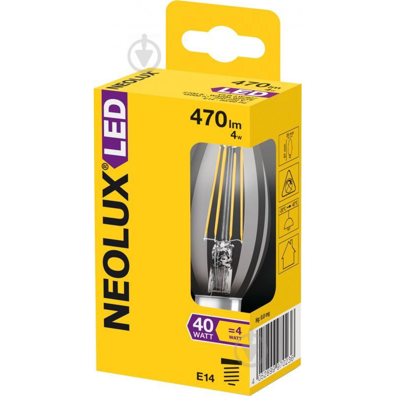Neolux LED FIL C37 4W E14 2700K 220V прозрачная (4052899970236) - зображення 1
