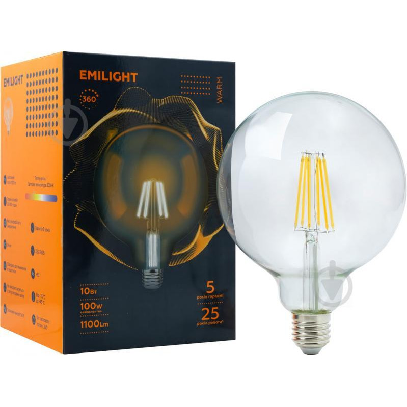 Emilight LED FIL G125 10 Вт E27 3000 К 220 В прозрачная - зображення 1