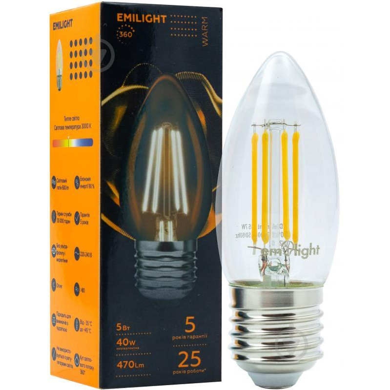 Emilight LED Filament C35-5W-3000K-E27- - зображення 1