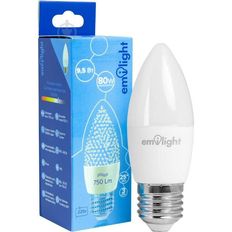 Emilight LED 9,5W C37 E27 220V 6500K (6983850558034) - зображення 1