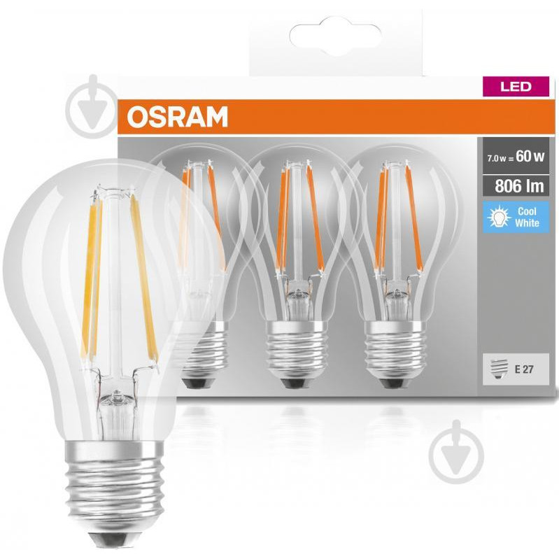 Osram LED FIL 3 шт./уп. A60 7 Вт E27 4000 К 220 В прозрачная (4058075819535) - зображення 1