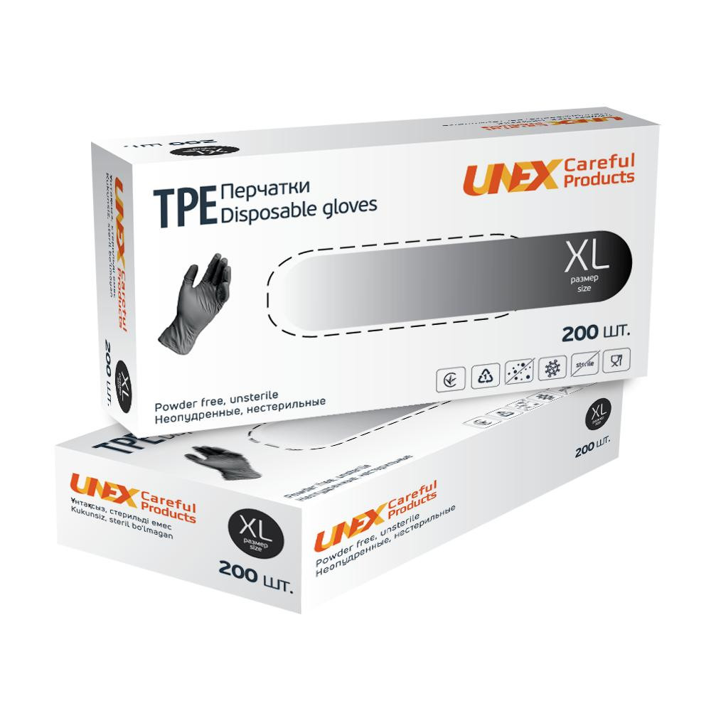 Unex Medical Products Перчатки одноразовые ТРЕ Unex неопудренные черные XL 200 шт - зображення 1