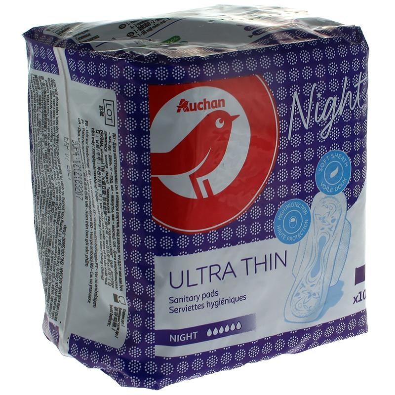 Auchan Прокладки гигиенические  ночные Ultra thin с крылышками , 10 шт. (3245678667675) - зображення 1
