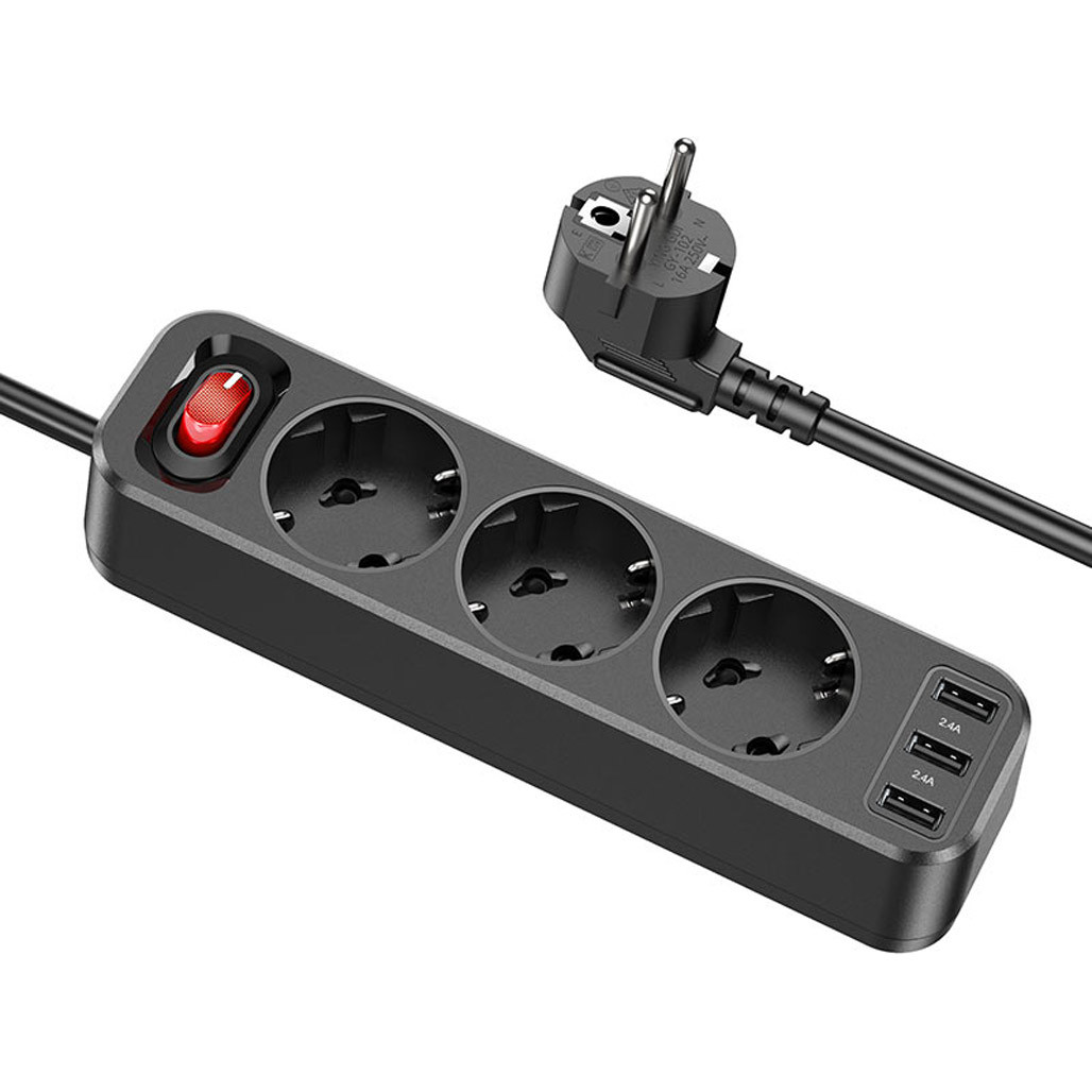 Hoco NS2 3-position Extension Cord Socket + 3 USB Black (765161) - зображення 1
