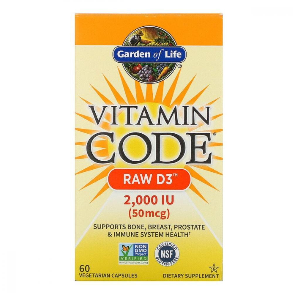 Garden of Life Сырой Витамин D3, RAW D3, Vitamin Code, Garden of Life, 2000 МЕ (50 мкг), 60 вегетарианских капсул - зображення 1