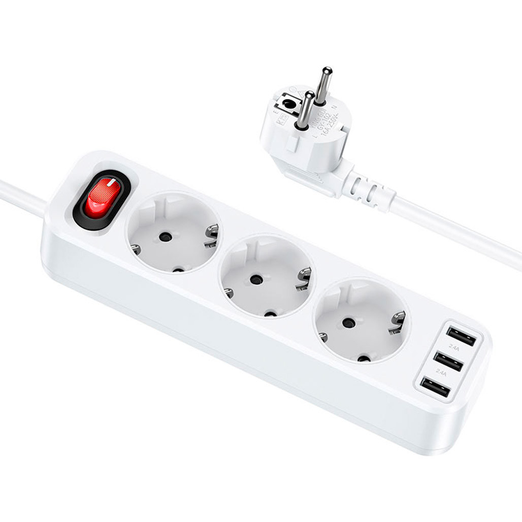 Hoco NS2 3-position Extension Cord Socket + 3 USB White (765178) - зображення 1