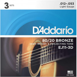 D'Addario Струны для акустической гитары 3 Sets  EJ11-3D 80/20 Bronze Light Acoustic Guitar Strings 12/53