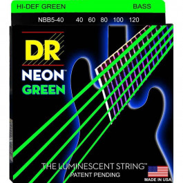 DR Струны для бас-гитары  NGB5-40 Hi-Def Neon Green K3 Coated Light Bass Guitar 5 Strings 40/120