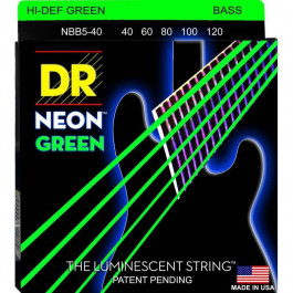   DR Струны для бас-гитары  NGB5-40 Hi-Def Neon Green K3 Coated Light Bass Guitar 5 Strings 40/120