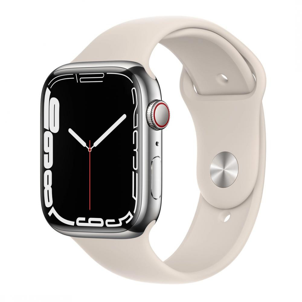 Apple Watch Series 7 GPS + Cellular 41mm Silver Stainless Steel Case w. Starlight Sport Band (MKHE3) - зображення 1