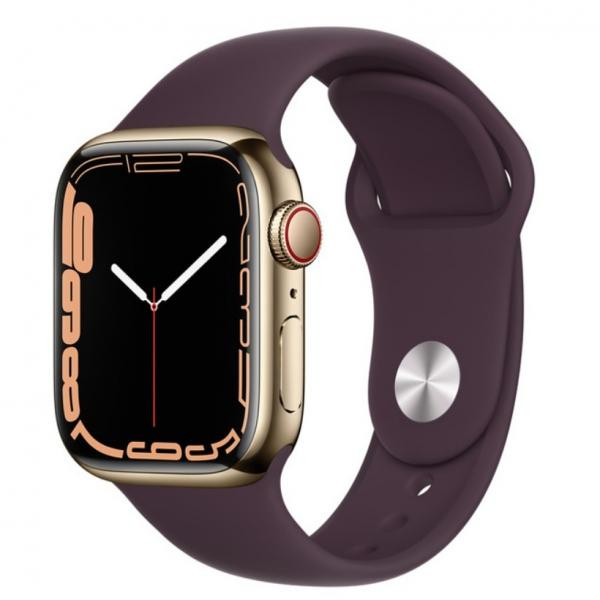 Apple Watch Series 7 GPS + Cellular 45mm Gold S. Steel Case w. Dark Cherry Sport Band (MKJF3) - зображення 1