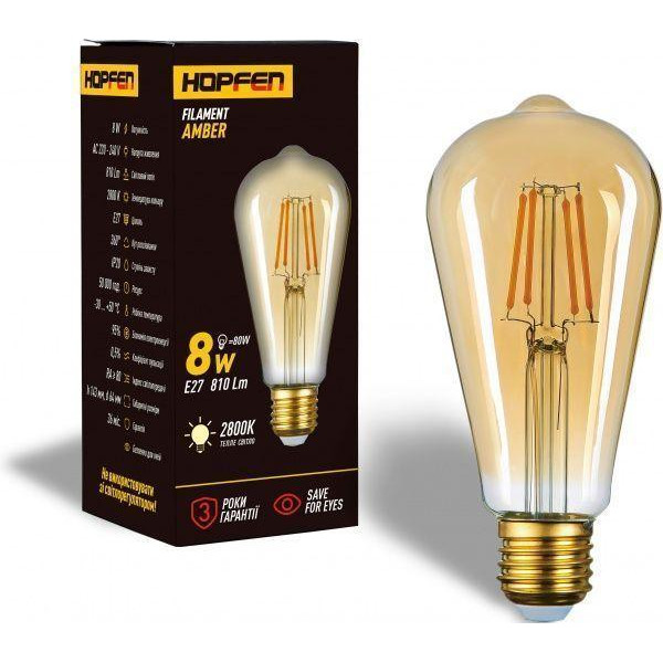Hopfen LED FIL Amber ST64 8 Вт E27 2800 К 220 В желтая (6949677289568) - зображення 1