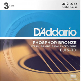 D'Addario Струны для акустической гитары 3 Sets  EJ16 3-D Phosphor Bronze Light Acoustic Guitar Strings 12/53