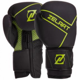 Zelart Перчатки боксерские кожаные на липучке VL-3149, размер 10oz, черный/салатовый