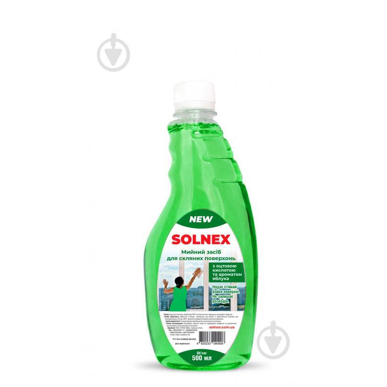 SOLNEX Засіб миючий для скла та дзеркал  з оцтовою кислотою Яблуко запаска 0,5 л (4820233090908) - зображення 1