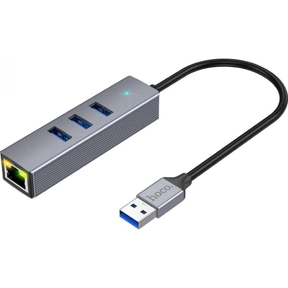 Hoco HB34 Easy Link USB-A to 3xUSB 3.0 RJ-45 Metal Gray (6931474794536) - зображення 1