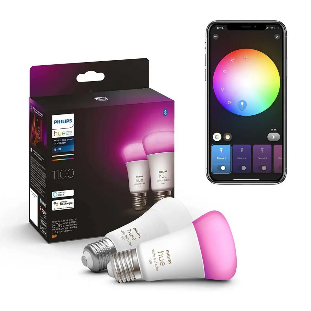 Philips Hue White and Color E27 1100Lm 9W ZigBee Bluetooth Apple HomeKit 2шт. (929002468802/2) - зображення 1