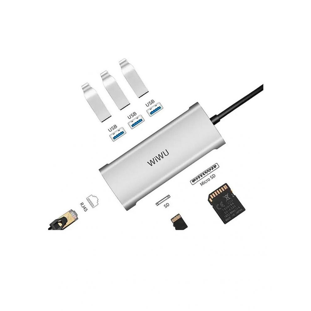 WIWU Adapter Alpha 631STR USB-C to 3xUSB3.0+RJ45+SD+TF Card Silver (695781551257) - зображення 1