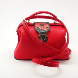 Silver Taurus Жіноча шкіряна сумка - саквояж  7605 червона з тисненням та розписом на клапані Маки