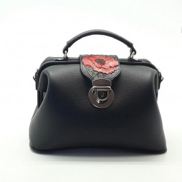 Silver Taurus Жіноча шкіряна сумка - саквояж  7604 чорна з тисненням та розписом на клапані Маки