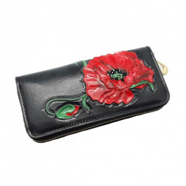 Silver Taurus Жіночий гаманець  7310 шкіряний чорний з червоним маком у вигляді тиснення і розпису