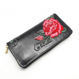 Silver Taurus Женский кошелек  7101 кожаный черный с красной розой в виде тиснения и ручной росписи