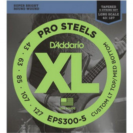 D'Addario Струны для бас-гитары EPS300-5 ProSteels, Custom LT Top / MD Bottom, 43-127, Tapered