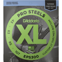 D'Addario Струны для бас-гитары EPS300 ProSteels, Custom LT Top / MD Bottom, 43-107, Tapered