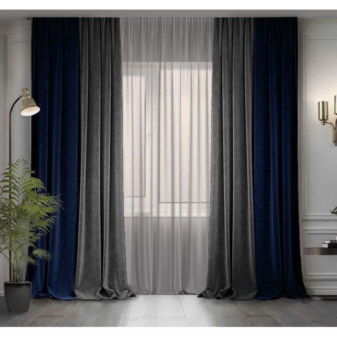 Decor-In Комплект двоколірних штор  Мікровелюр 150x290 2 шт Темно-сірі з Темно-синім (ROZ6400067455) - зображення 1